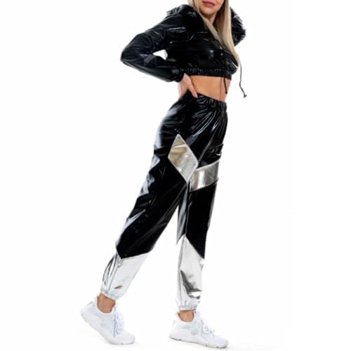 Shiny Metallic Rave Outfit for Women: Hooded Short Sweatshirt and High Waist Pants