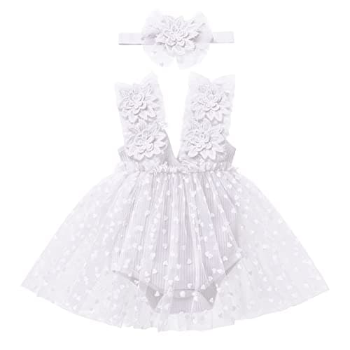 Newborn Baby Girl 1st Birthday Lace Tulle Romper Dress with Floral Headband