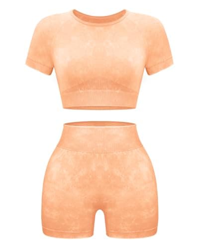 OLCHEE Women's Acid Wash Yoga Shorts & Crop Top Gym Outfit Set