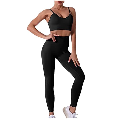 Fartey High-Waist Seamless Leggings Matching Backless Strappy Sports Bras Yoga Running Set