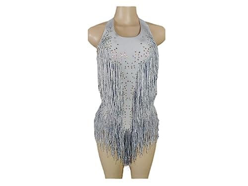 HEYDHSDC Sparkly Crystals Fringe Bodysuit Dance Costume