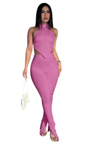 Ekaliy Women's Sleeveless Crop Top & High Waist Ribbed Pants Party Jumpsuit