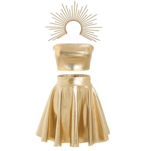 IMEKIS Women's Sun Moon Halloween Costume Tube Top & Metallic Skirt Cosplay Set