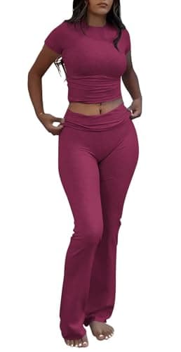 ZFLM Casual Women's Workout Two-Piece Sets - High Waist Crop Top & Flare Pants
