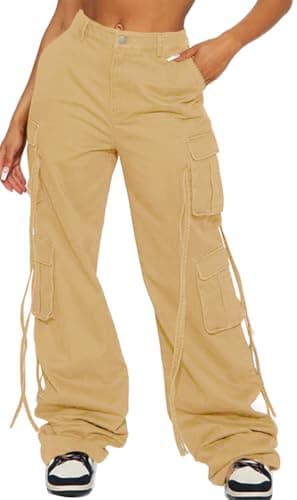 Fablinic Women's Y2K High-Wasted Straight Leg Cargo Pants with 6 Pockets