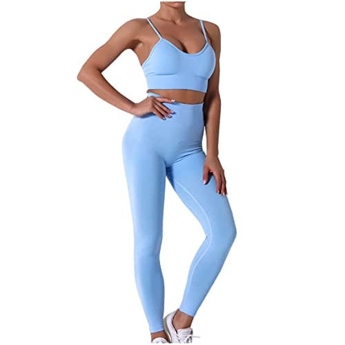 Fartey High-Waist Seamless Leggings Matching Backless Strappy Sports Bras Yoga Running Set