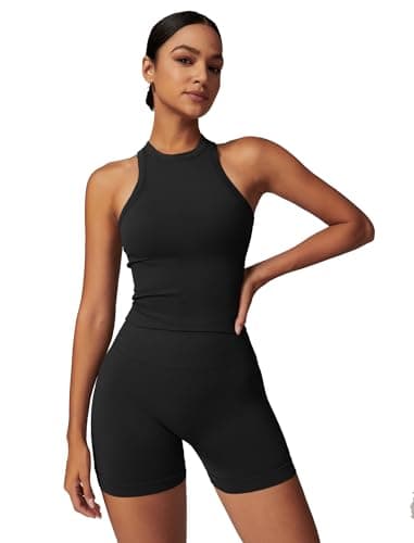 Womens Racer-Back Tank Top & High Waist Biker Shorts Gym Outfits
