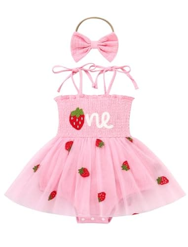 Baby Girl Strawberry Birthday Outfit: Boho Romper Dress with Headband for Summer Cake Smash Photoshoot