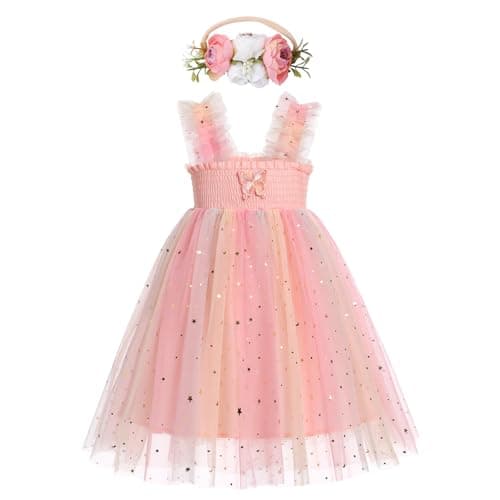 IMEKIS Toddler Girls Rainbow Butterfly Tulle Dress with Headband
