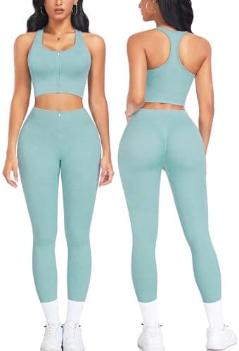 OLCHEE Women's Seamless Ribbed Workout Set - Acid Wash Yoga Leggings and Keyhole Crop Top Bra