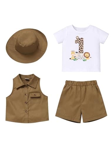 IMEKIS Baby Boys 1st Birthday Jungle Safari Outfit 4PC Set