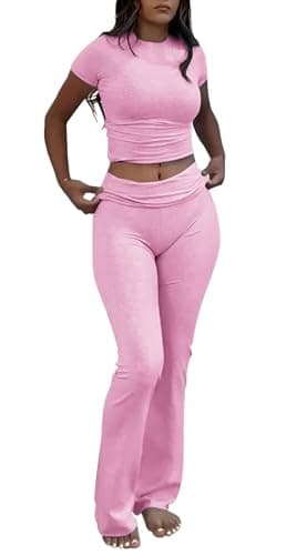 ZFLM Casual Women's Workout Two-Piece Sets - High Waist Crop Top & Flare Pants