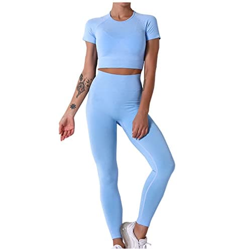 Fartey High-Waist Seamless Leggings Matching Backless Strappy Sports Bras Yoga Running Set