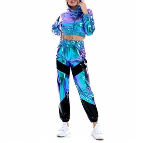 Shiny Metallic Rave Outfit for Women: Hooded Short Sweatshirt and High Waist Pants