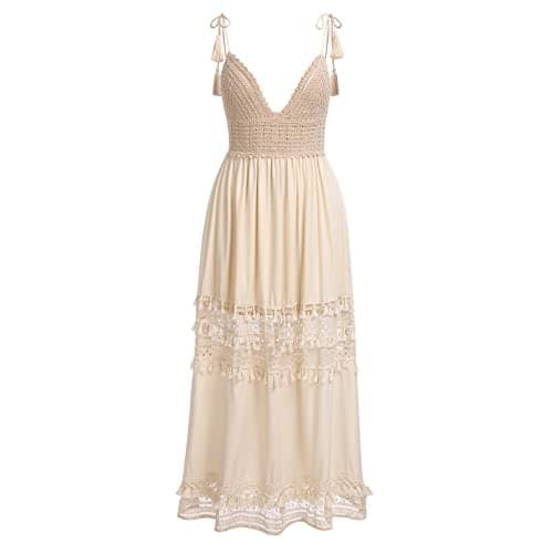 Boho Maxi Dress Lace Up Tassel V Neck Flare Wedding Beach Dresses