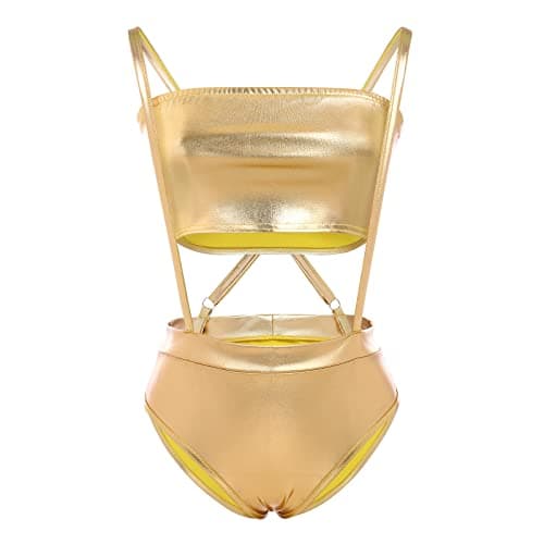 IMEKIS Women Metallic Rave Outfit Crop Top Bodysuit for Music Festivals and Halloween Costume