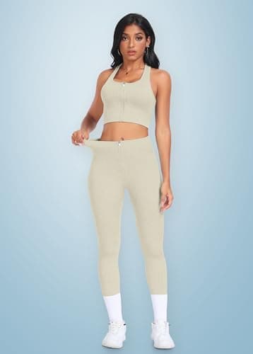 OLCHEE Women's Seamless Ribbed Workout Set - Acid Wash Yoga Leggings and Keyhole Crop Top Bra