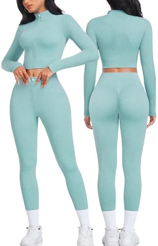 OLCHEE Women's Seamless Ribbed Workout Set - Acid Wash Yoga Leggings and Keyhole Crop Top Bra