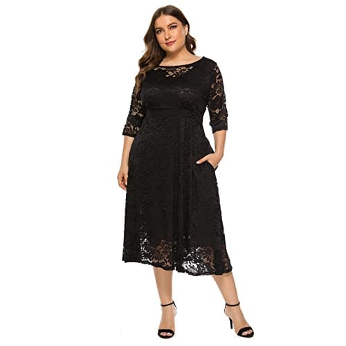 Plus Size Floral Lace Cocktail Dress with Pockets for Women