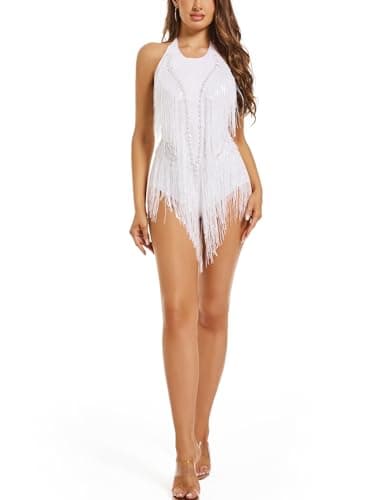 Simplified title for the specified audience: White Pearl Sequin Fringe Bodysuit for Women - Latin Dance Team Costume and Photoshoot Prop