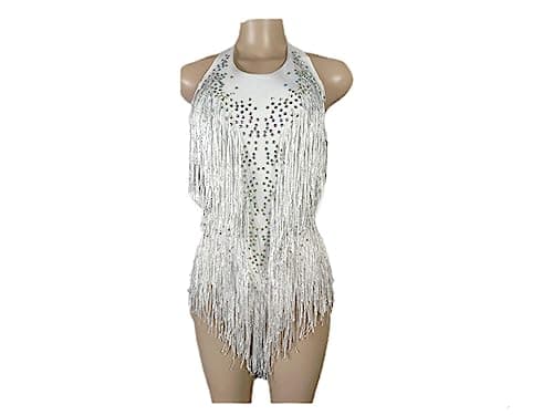 HEYDHSDC Sparkly Crystals Fringe Bodysuit Dance Costume