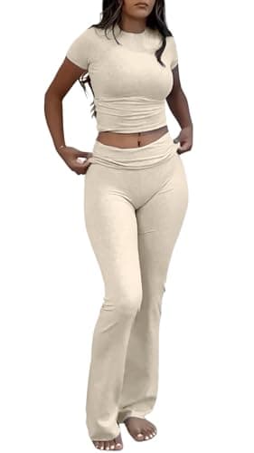 YETOWA Women's Slim Fit Short Sleeve Top & Flare Leggings Yoga Set