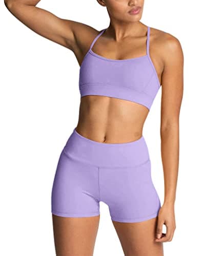IWEMEK Women's High-Waisted Biker Shorts & Cross Back Sports Bra Gym Set