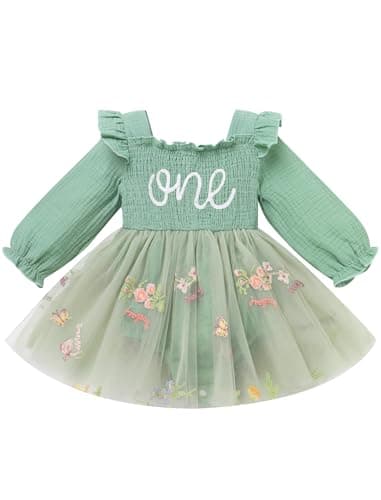 ODASDO Baby Girls First Birthday Square Neck Ruffle Tutu Romper Dress with Bow Headband