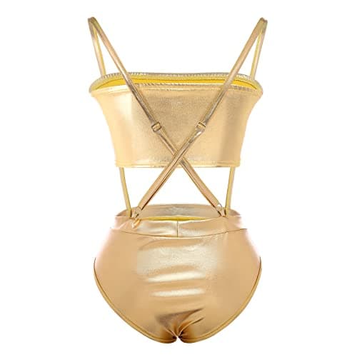 IMEKIS Women Metallic Rave Crop Top Bodysuit Disco Dance Clubwear