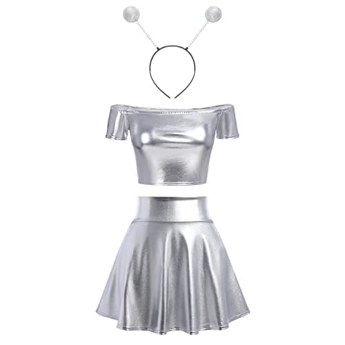Alien Costume Metallic Crop Top + Holographic Mini Skirt + Headband - Halloween Rave Outfit