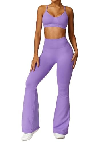 OmeWee Women's V-Neck Adjustables Cami Bra & High-Waist Flared Leggings Workout Set