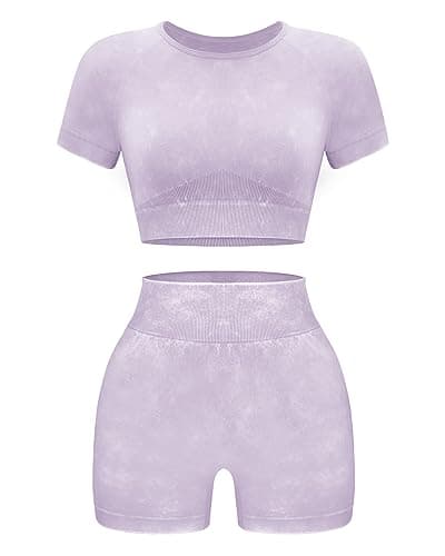OLCHEE Women's Acid Wash Yoga Shorts & Crop Top Gym Outfit Set