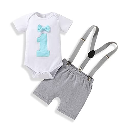Baby Boy First Birthday Outfit with Bunting Flag Bow Tie Bodysuit Shorts Suspenders