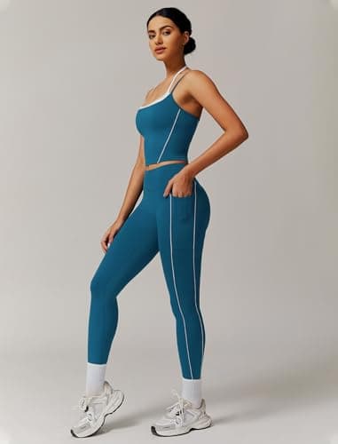 Womens Workout Set Spaghetti Straps Tank Top & High Waist Leggings with Pockets