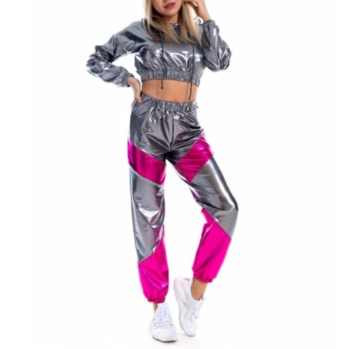 Agoky Women's Rave Party Outfits: Color Block Patchwork Crop Top with Glossy Pants
