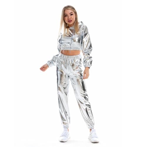 Women's Metallic Shiny Crop Top Hoodie and Long Pants Outfit for Rave Outfits and Disco Dance Clubwear