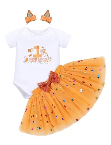 IMEKIS Baby Girl Half 1st 2nd Birthday Outfit Romper Confetti Tutu Skirt Dog Ears Hair Clips for Cake Smash Photo Shoot