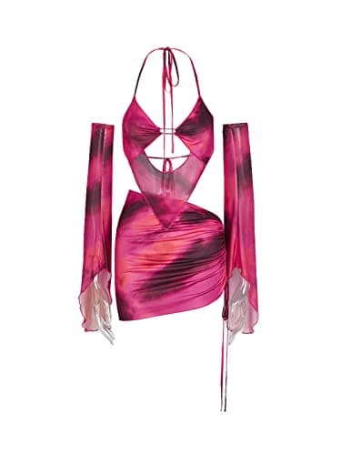 Women Marble Print Halter Backless Mini Dress
