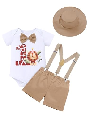 IMEKIS Baby Boys 1st Birthday Jungle Safari Romper Suspenders Shorts Hat Set