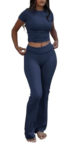 ZFLM Casual Women's Workout Two-Piece Sets - High Waist Crop Top & Flare Pants