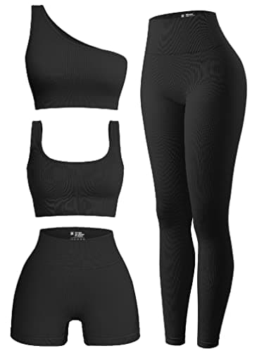 OQQ Women's Sports Active Set: Scoop Neck Bra, One Shoulder Top, High Waist Shorts, Ribbed Leggings