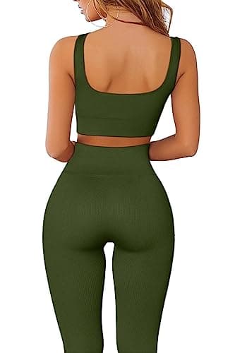 QINSEN Ribbed Workout Sets for Women: Seamless Sport Bra and High Waist Yoga Leggings