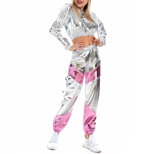 Agoky Women's Rave Party Outfits: Color Block Patchwork Crop Top with Glossy Pants
