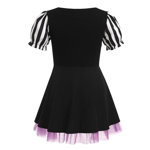 IMEKIS Women Black & White Striped Halloween Costume Lace-Up Tulle Gothic Dress Cosplay