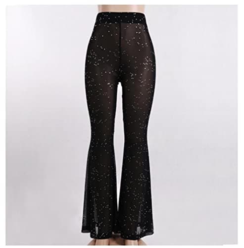 Mookyun Women's Sparkly Sheer Mesh Bell Bottom Pants for Festival Dance Clubwear