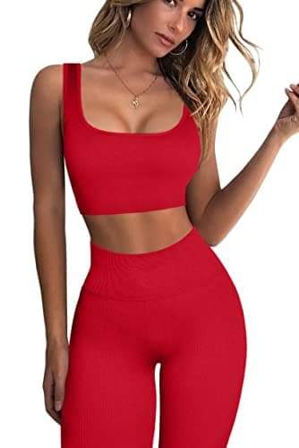 QINSEN Ribbed Workout Sets for Women: Seamless Sport Bra and High Waist Yoga Leggings