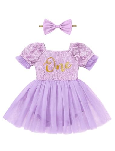 IMEKIS Baby Girl 1st Birthday Tulle Romper with Headband Sleeve