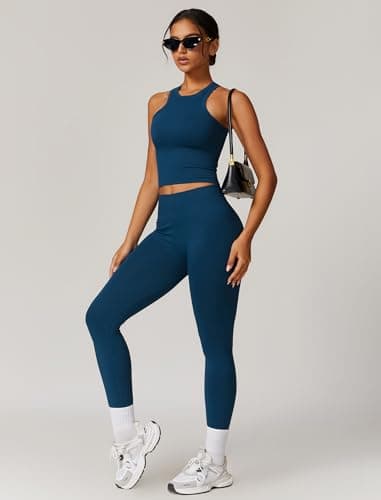 Womens QBGJTD Workout Sets: Racer-back Top & High-Waist Leggings