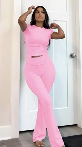 YETOWA Women's Slim Fit Short Sleeve Top & Flare Leggings Yoga Set