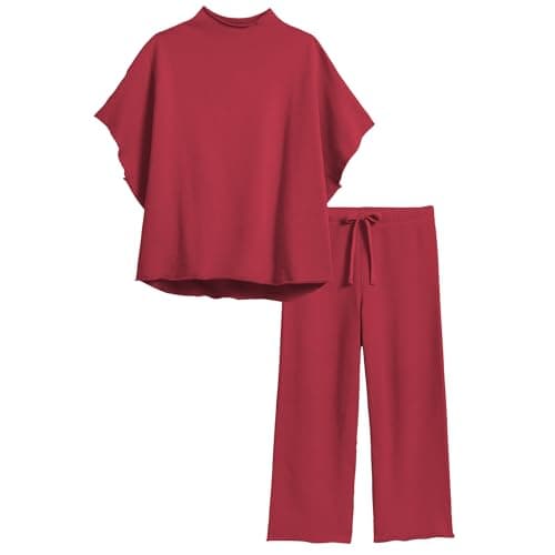 SeeLuNa Women's 3/4 Sleeve Batwing Capelet & Wide Leg Pants Loungewear Set